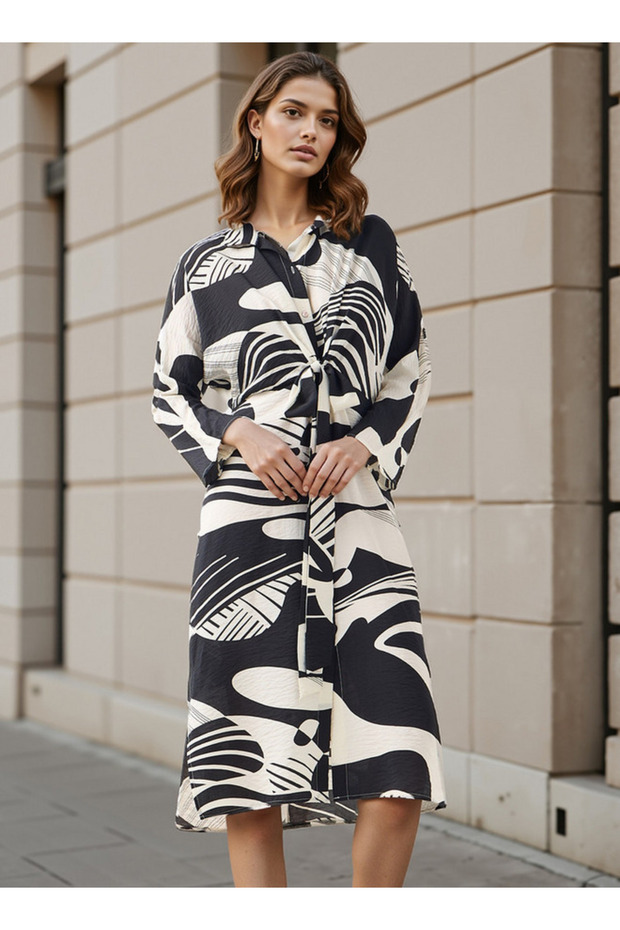 Iconic All-Over Print Shirt Dress with Knot Detail