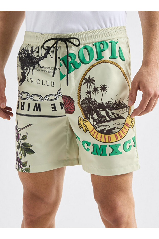 Palm Tree Print Shorts With Drawstring Closure And Pockets - 1