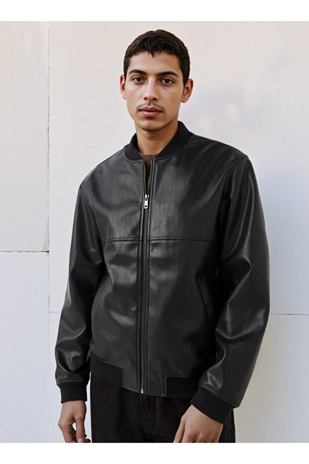 Men Regular Fit Zip Closure Bomber PU Jacket - 1