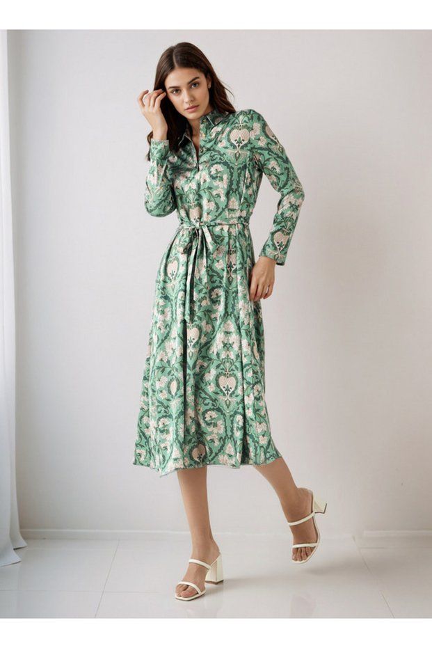 Floral Print Shirt Dress with Tie-Up Detail Polyester
