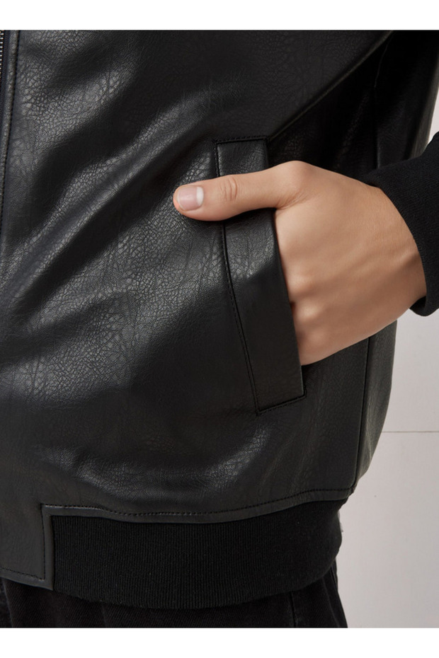 Men Regular Fit Zip Closure Bomber PU Jacket - 4