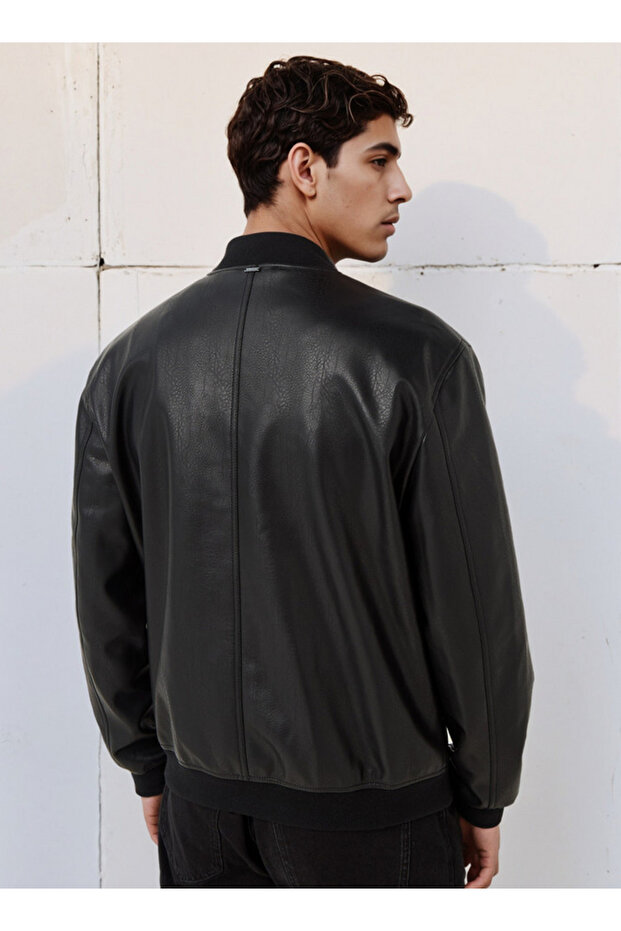 Men Regular Fit Zip Closure Bomber PU Jacket - 3