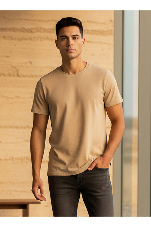 Textured Slim Fit T-shirt with Crew Neck and Short Sleeves