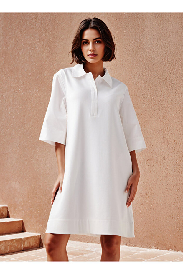 فستان قميص واسع بياقة - 1