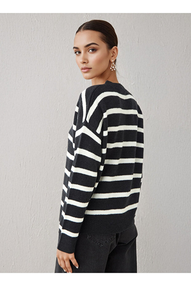 سترة مخططة طاقم الرقبة - 3