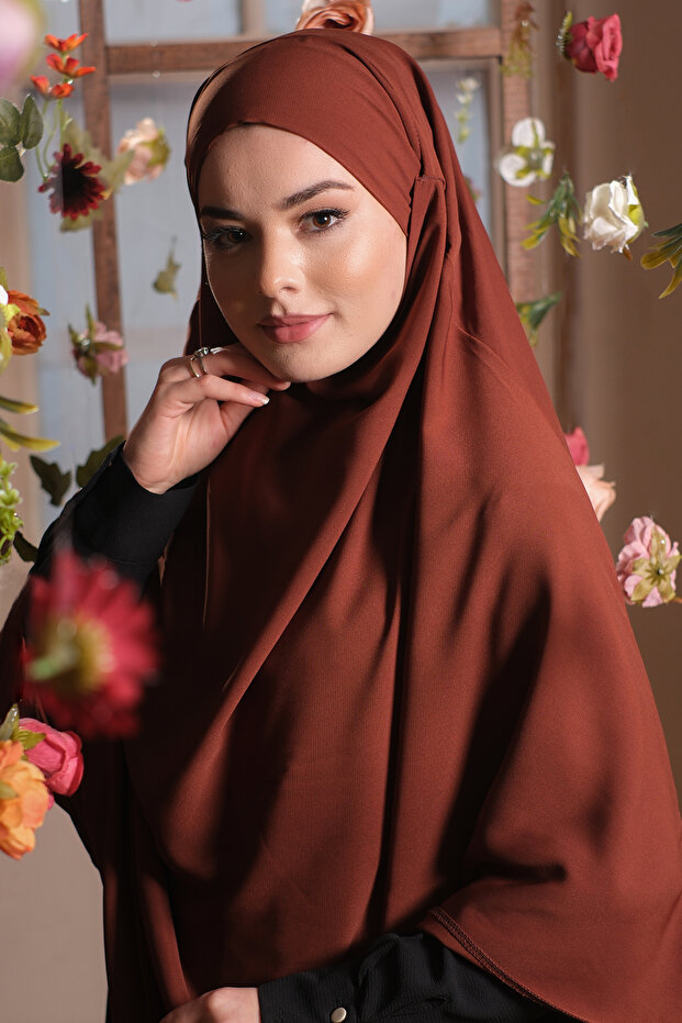 وشاح حجاب متشابك عملي جاهز باللون البني حجاب المدينة المنورة من الحرير برباط سوفليه 2301_33