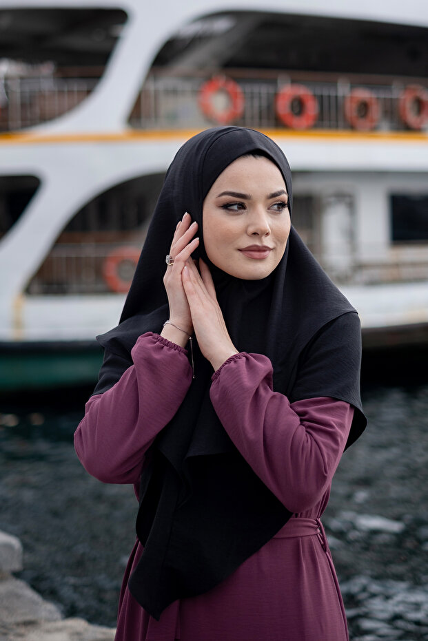 وشاح حجاب متشابك عملي أسود اللون قماش الجاز القطني طبقة مزدوجة حجاب عادي 2303_01
