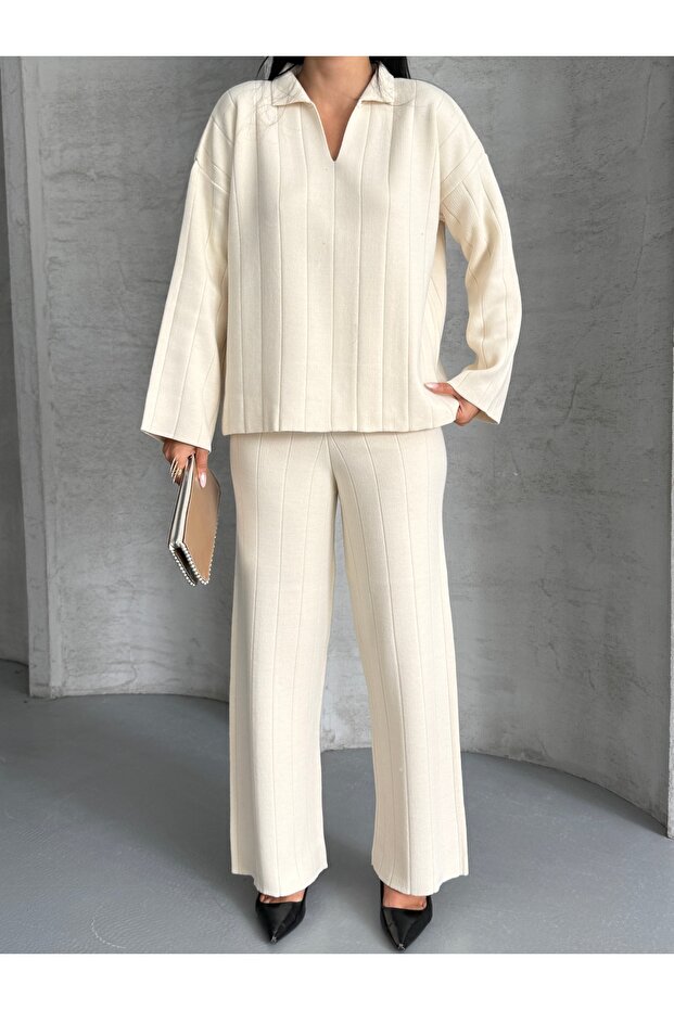 Polo Yaka Corded Fabric Bottom-Top Knitwear Set