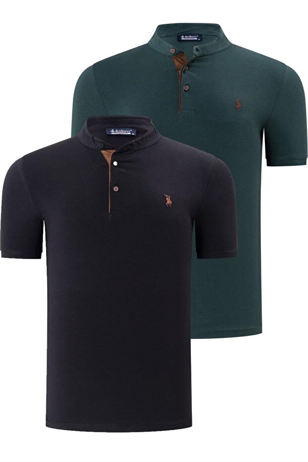 Double Set T8560 Men's T-Shirt-Black-Green