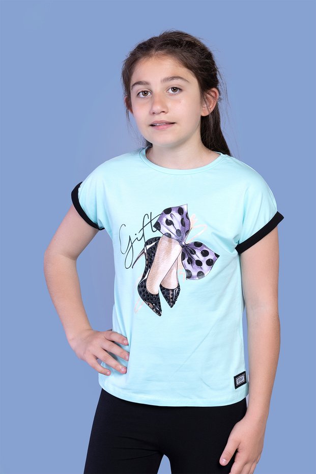 Girl's Bow Printed Sleeve Garni Detailed T-Shirt