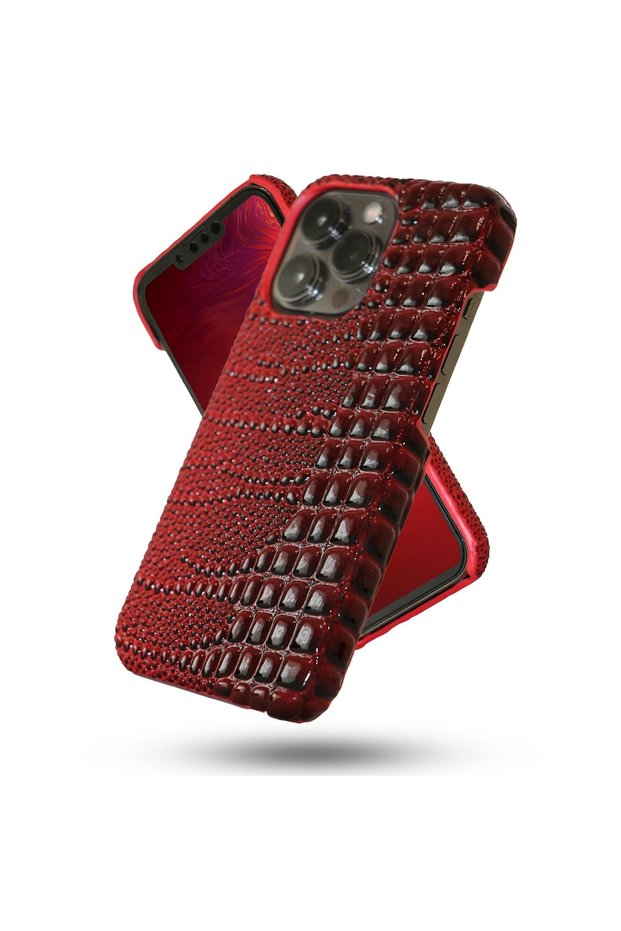 Protective Case, Compatible with Apple iPhone 13 Pro, Microfiber Inside, Snakeskin Style, Red