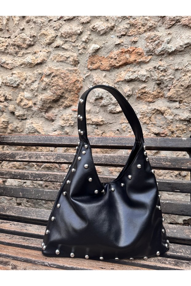 Leather Stone Fashion Style Black Women's Shoulder Bag
