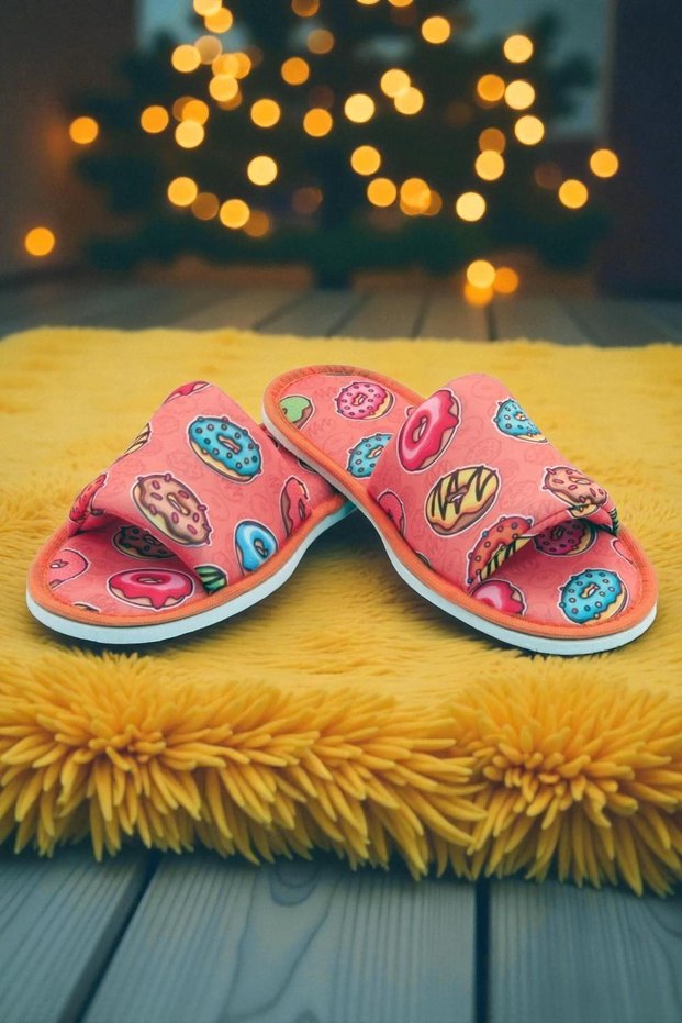 Unisex Orange Donut Patterned Open Front Dowry Bundle House Slippers