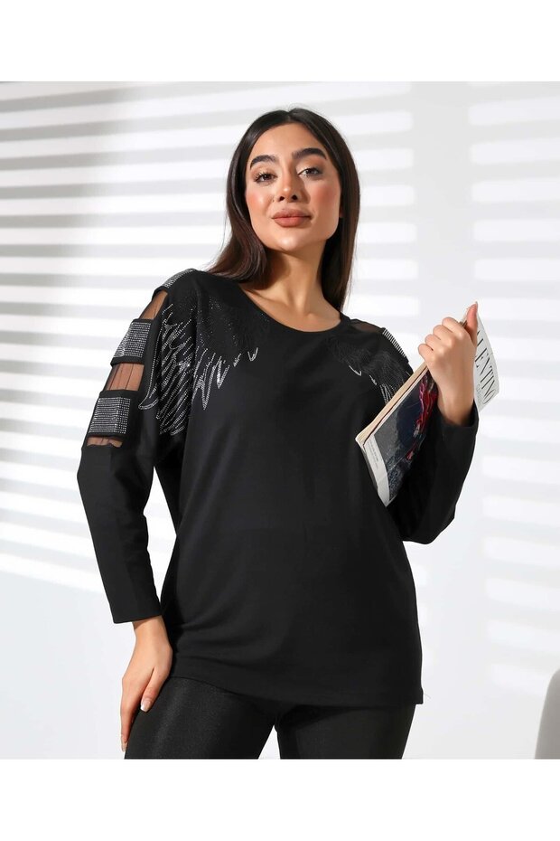 Stoned Tulle Detailed Crew Neck Blouse