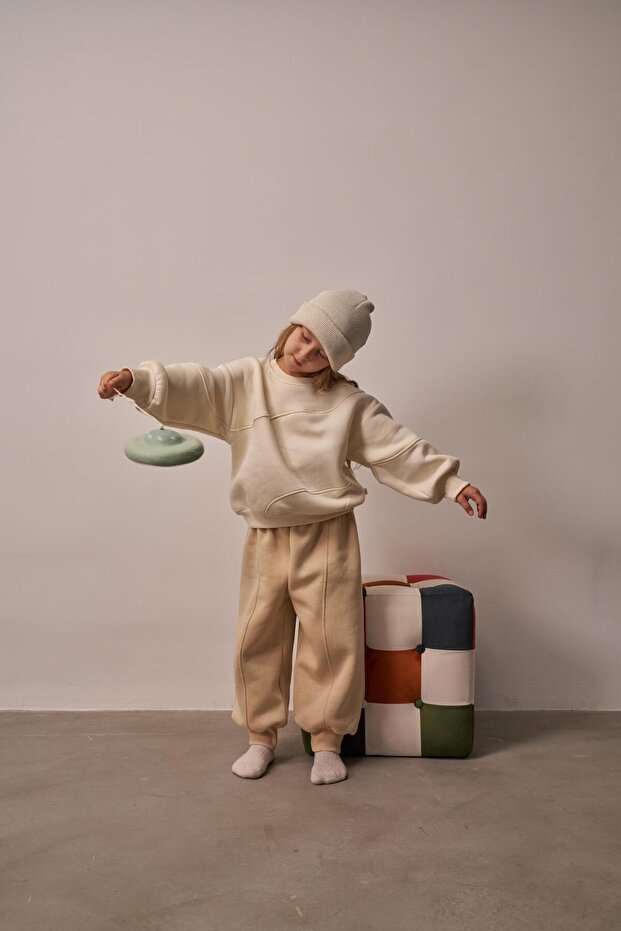 Beige Stitching Detailed Tracksuit Set