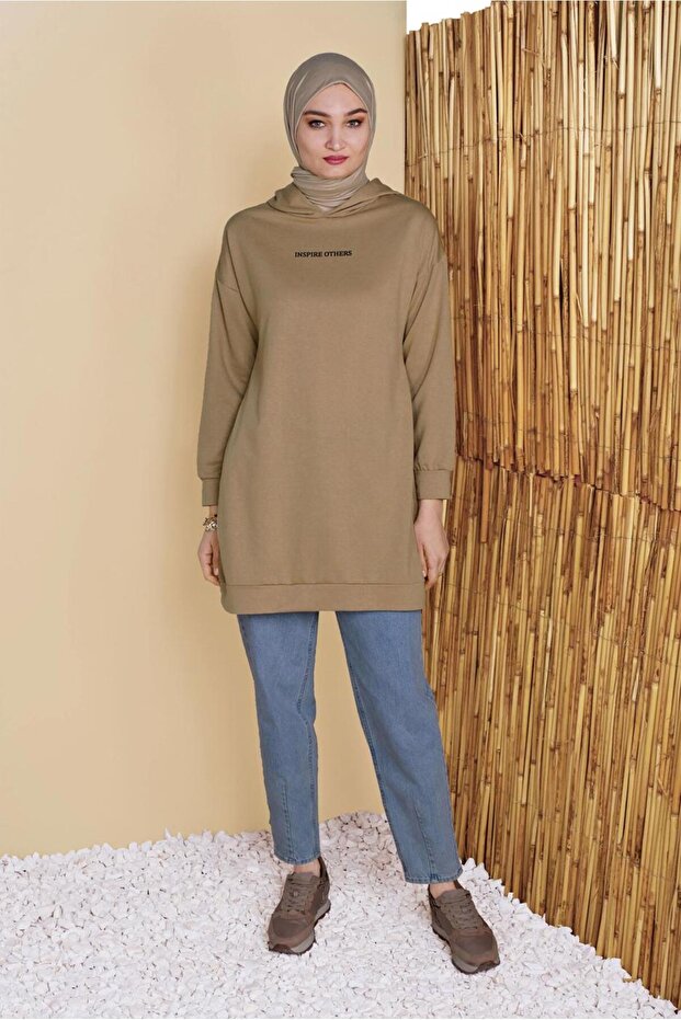 KADIN BEJ KAPÜŞONLU BASIC EŞOFMAN TUNİK 1456 - 1
