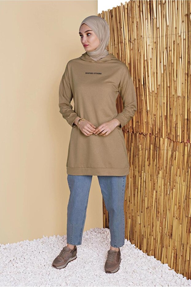 KADIN BEJ KAPÜŞONLU BASIC EŞOFMAN TUNİK 1456 - 2