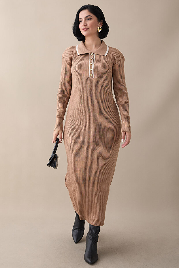 Yakası Biyeli Camel Triko Elbise - 3