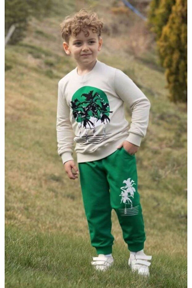 Tropical Printed Long Sleeve Elastic Waist Pocket Unisex Children's Bottom Top Suit