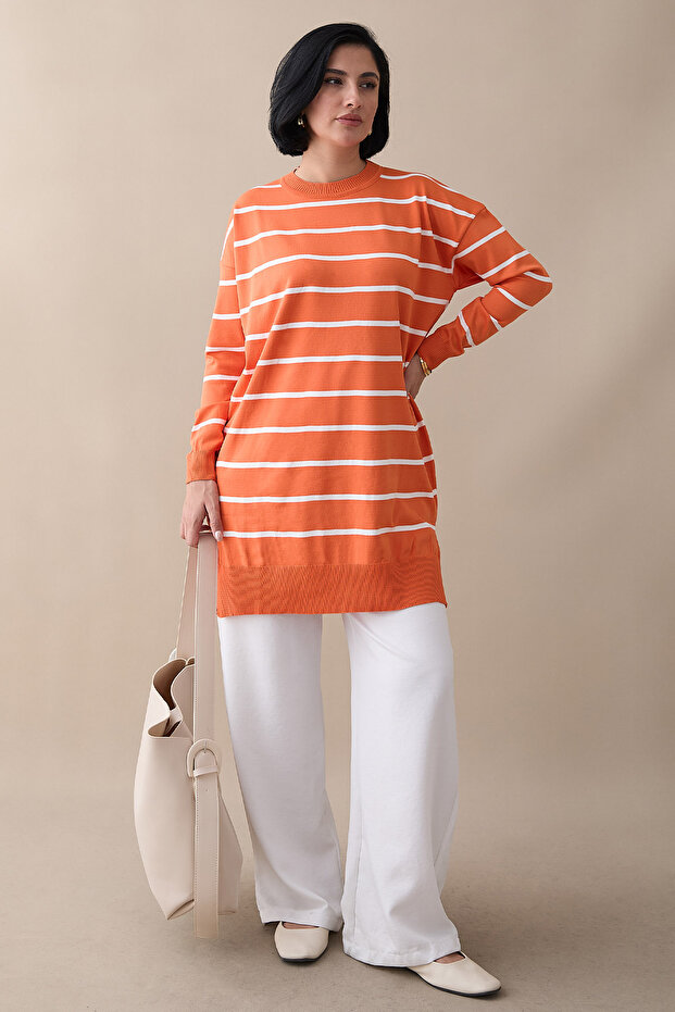 Basic Çizgili Turuncu Triko Tunik - 2