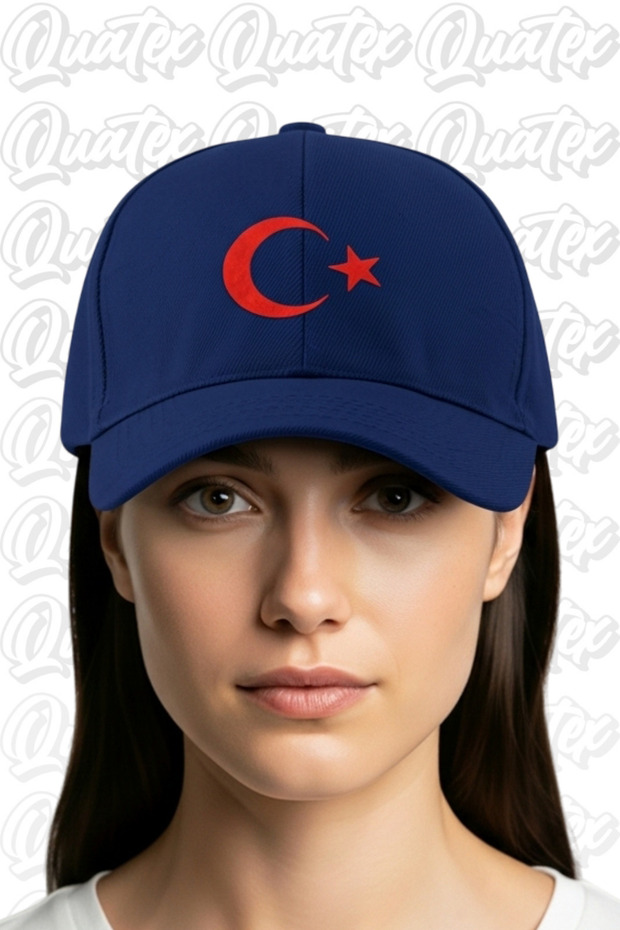 Moon Star Embroidered Hat – Navy Blue 100% Cotton Gabardine Unisex Model