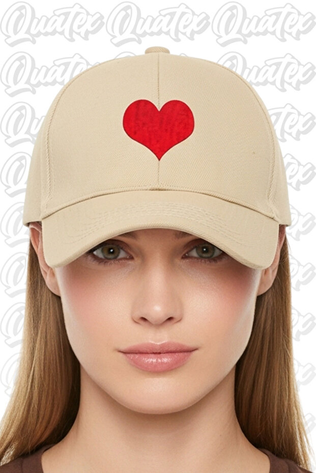 Heart Embroidered Hat – Cream 100% Cotton Gabardine Unisex Model