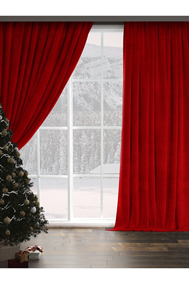 Velvet Textured Extrafor Gathered Saltanat Red High Quality Fund Curtain Single Wing