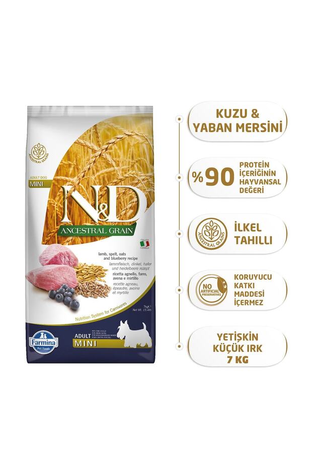 N & D A.grain Düşük Tahıllı Kuzulu Ve Yaban Mersinli Mini Irk Yetişkin Köpek Kuru Maması 7 Kg