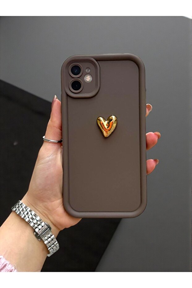 iPhone 11 Compatible Case 3D Gold Heart Pattern Shockproof Soft Camera Protection Cover Coffee