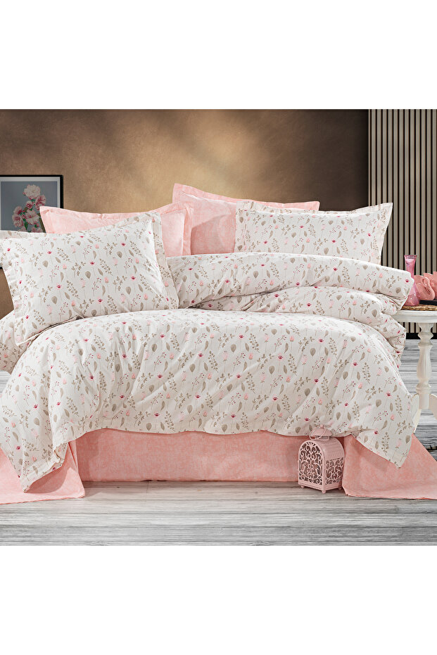 100% Cotton 100x200 Pink Patterned Single Duvet Cover Set (With Elastic Sheets)