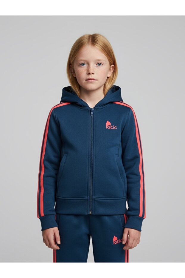 Kız Çocuk Petrol Mavisi Dalgıç Kumaş Şeritli Eşofman Takımı - 3