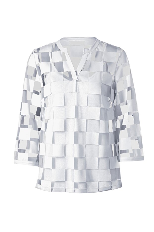 Women's V-Neck Square Print Chiffon Three Quarter Sleeve Lined Design Stylish Plus Size Curve Blouse