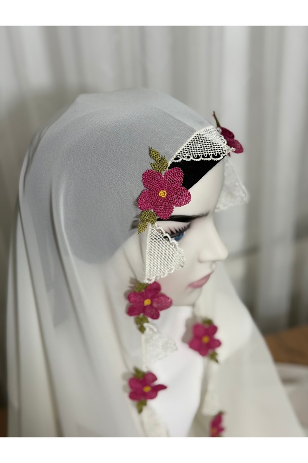 İğne oyası şal pembe çiçek - 3