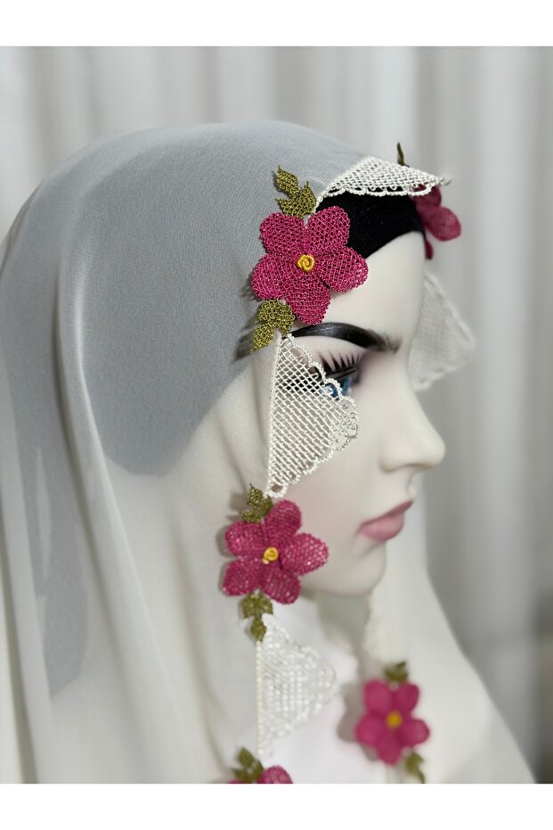 İğne oyası şal pembe çiçek - 6