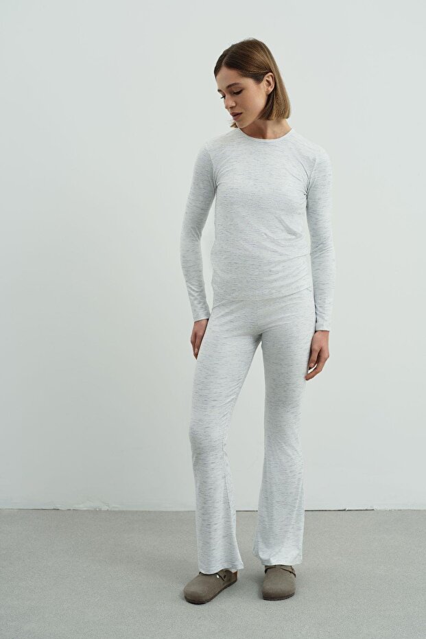 Yüksek Bel Soft İspanyol Paça Pantolon Gri - 7