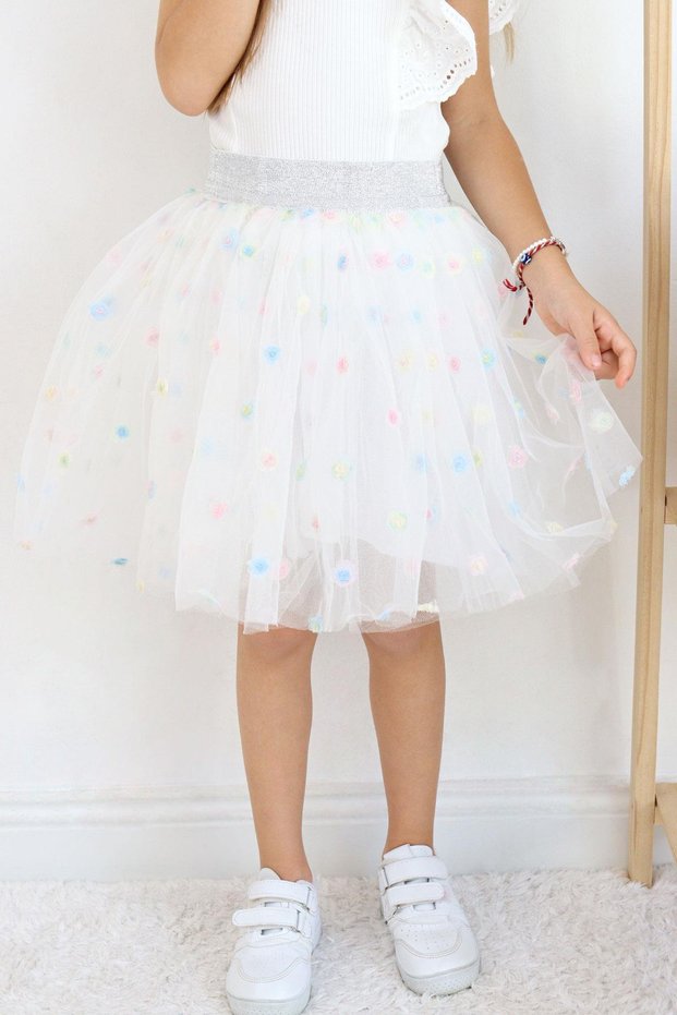 Girl's Tutu Skirt Colorful Floral Embroidered 4-8 Years Old, White