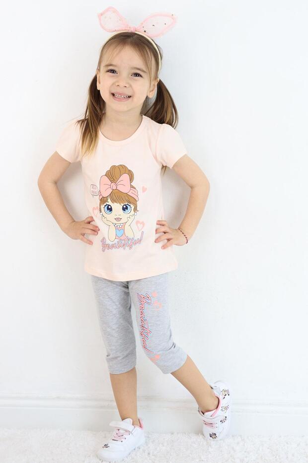 Girls' Capri Leggings Set, Cute Girl Printed, 1.5-5 Years, Powder Pink