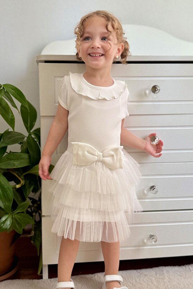 Girl's Dress Bow Tulle with Ruffles on the Shoulder 1.5-5 Years, Ecru