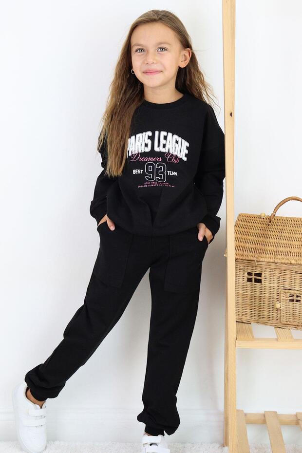 Girl's Tracksuit Set League Themed with V-Stitched Front, Ages 5-10, Black
