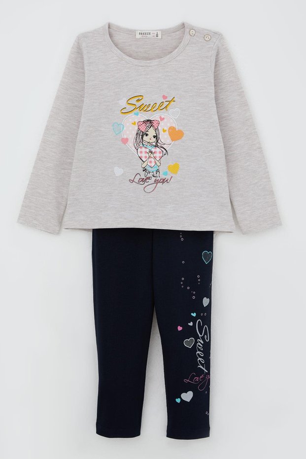 Girl's Tights Set Cute Girl Printed Heart 2-6 Years, Beige Melange