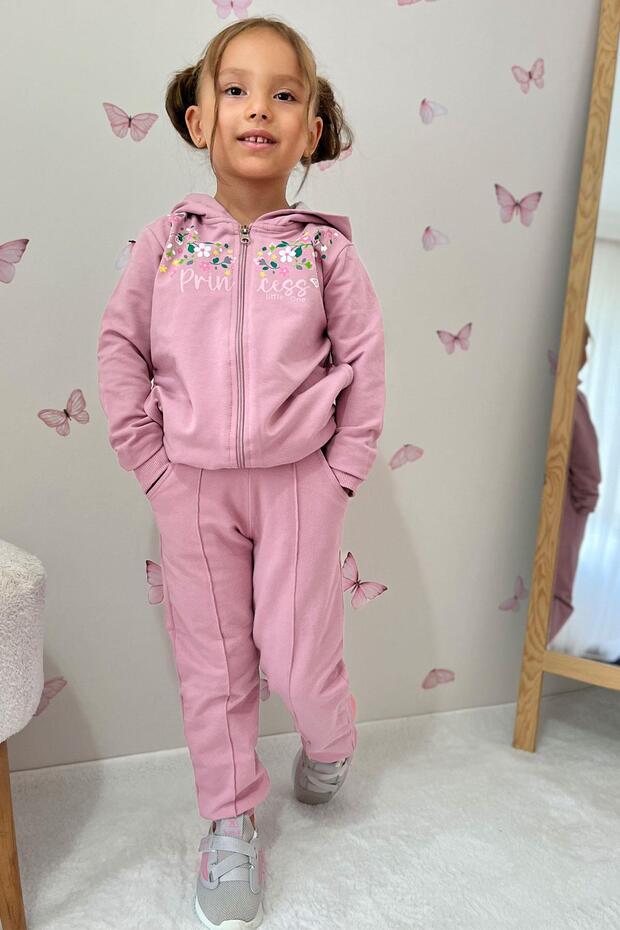 Girl's Tracksuit Set with Colorful Floral Pattern and Zipper, Ages 1.5-5, Dried Rose