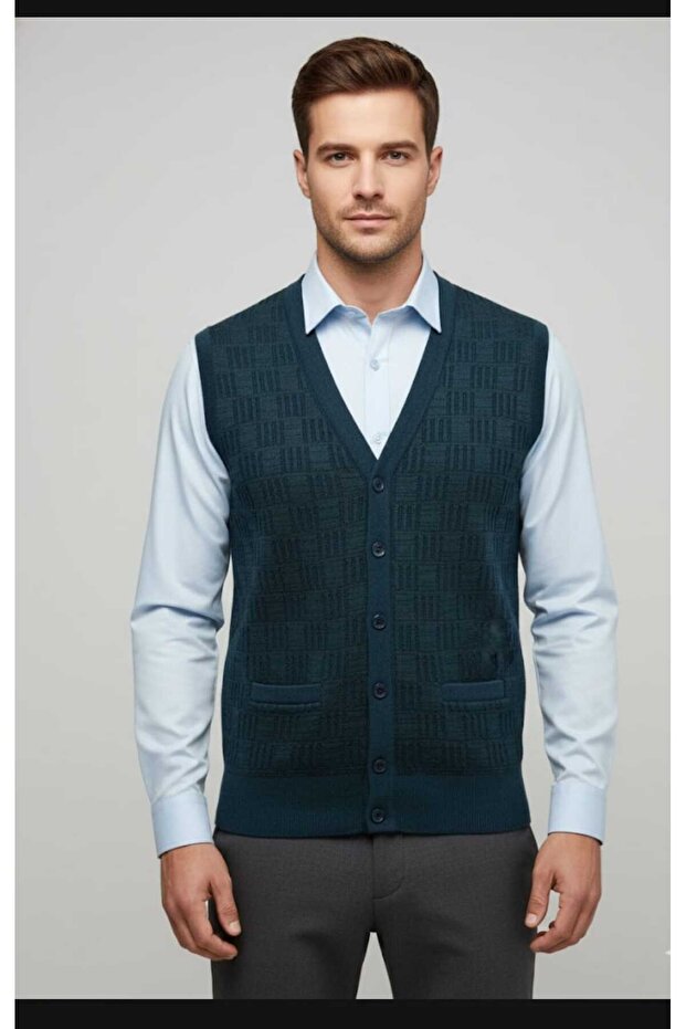 Buttoned Pocketed Steel Knit Men's Knitwear Vest