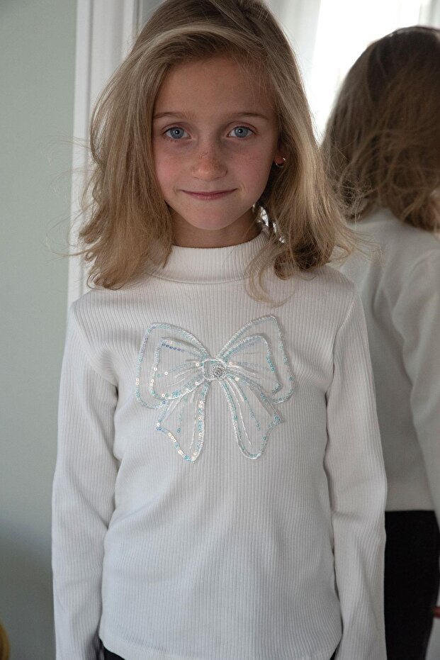 Girl's Long Sleeve T-Shirt with Tulle Bow Embroidery, Ages 8-14, Ecru