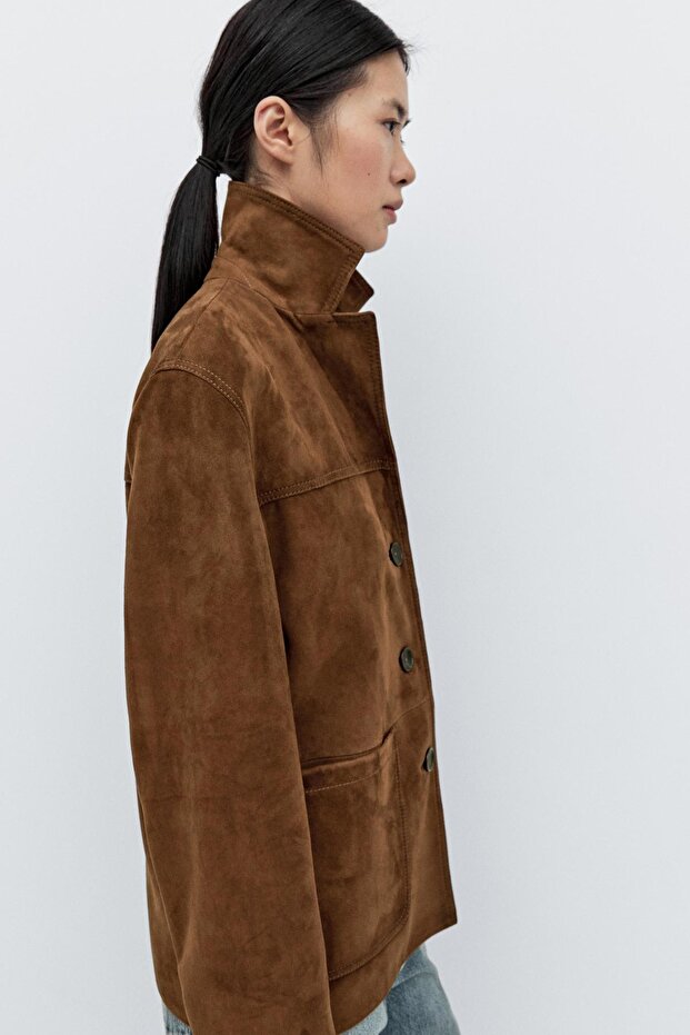 Dikişli süet deri blazer - 5