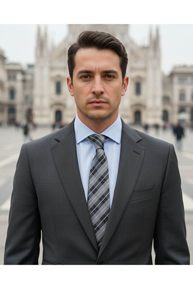 Plaid Patterned Gray Colored 7 cm Wide Thin Tie - 3