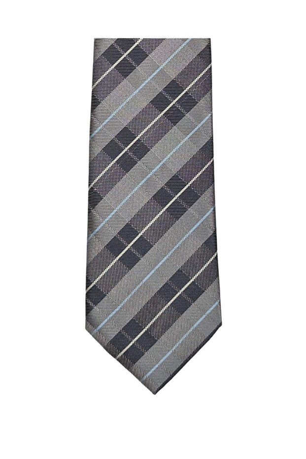 Plaid Patterned Gray Colored 7 cm Wide Thin Tie - 2
