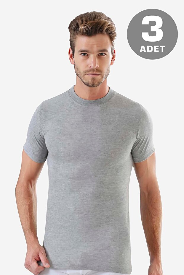 Men's Gray Crew Neck Short Sleeve Undershirt T-Shirt 100% Cotton Combed Cotton 3-Pack