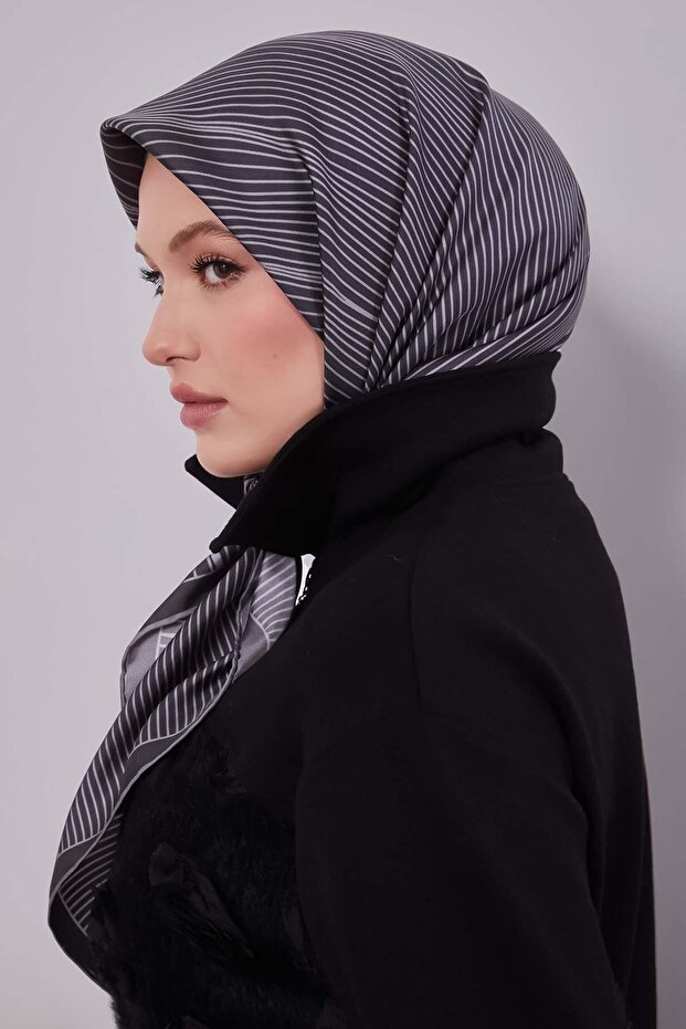 Gray Stripe Pattern Twill Silk Scarf - 3