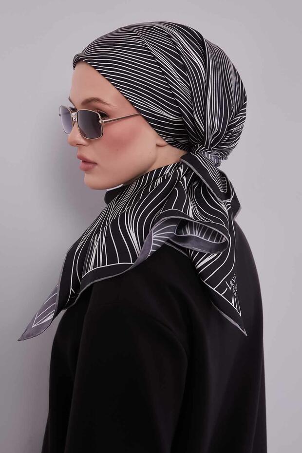 Black Line Pattern Twill Silk Scarf - 2