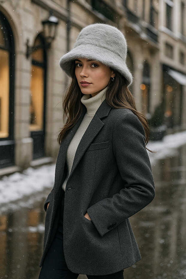 Women's Gray Wool Felt Bucket Hat Spk1147